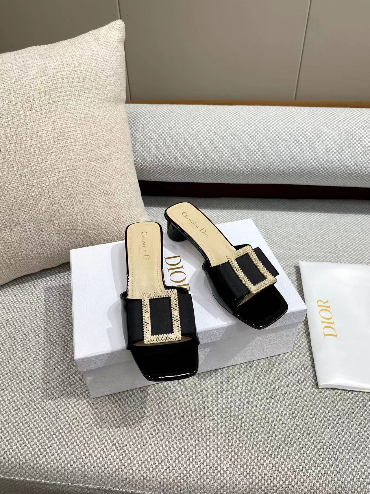 [TOP] Christian Dior Big Diamond Buckle Slippers - 2 Colors - 4cm