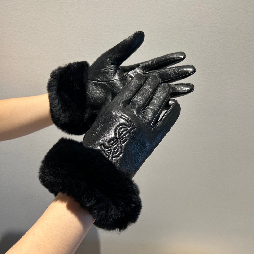 [TOP] Yves Saint Laurent YSL Gloves with Fur - Black