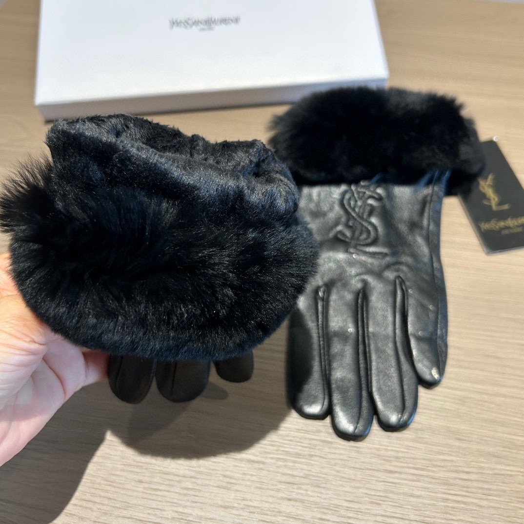 [TOP] Yves Saint Laurent YSL Gloves with Fur - Black