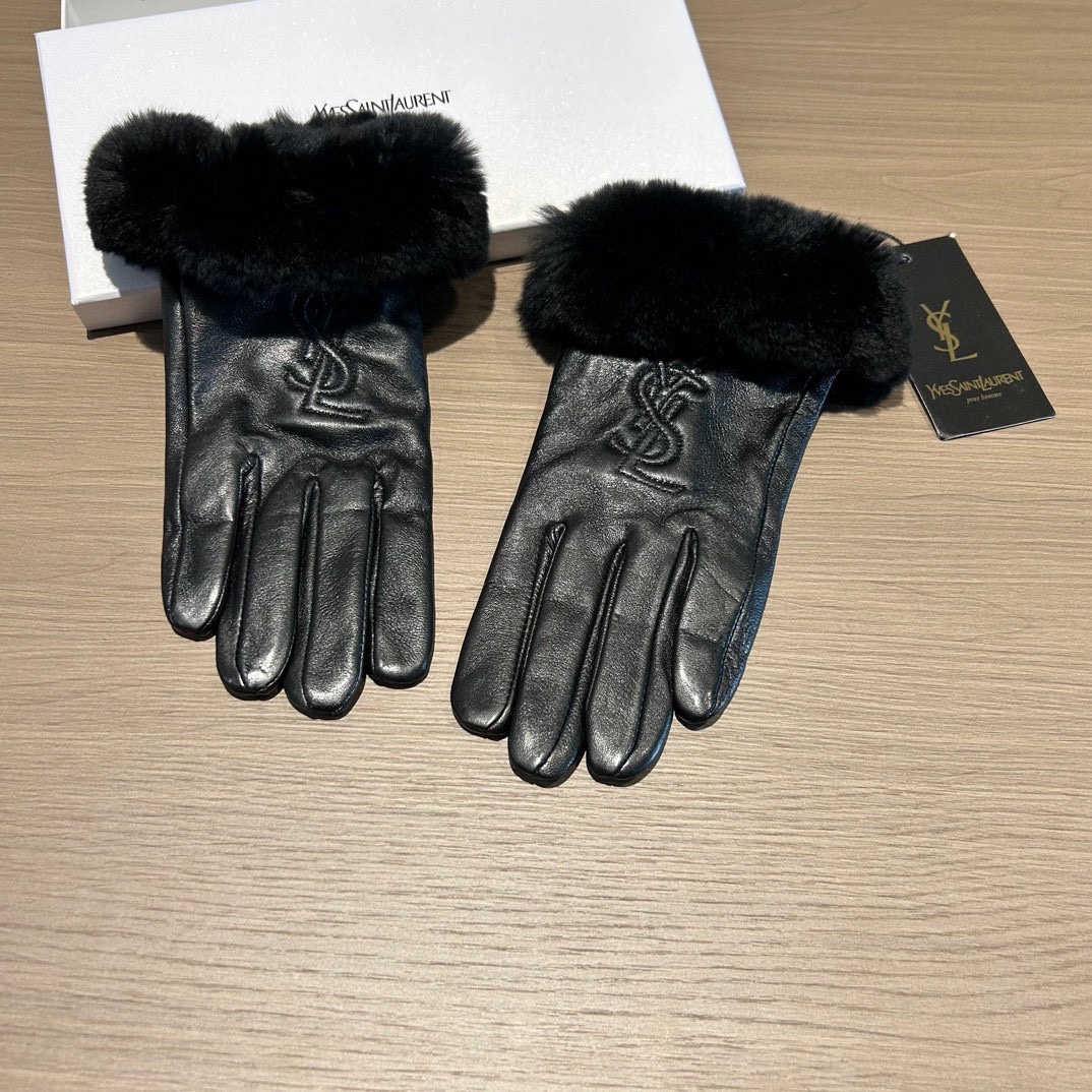 [TOP] Yves Saint Laurent YSL Gloves with Fur - Black