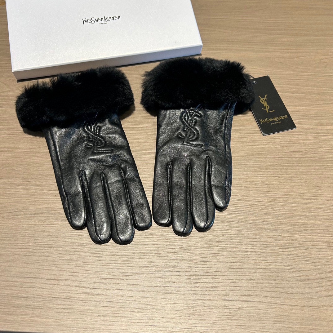 [TOP] Yves Saint Laurent YSL Gloves with Fur - Black