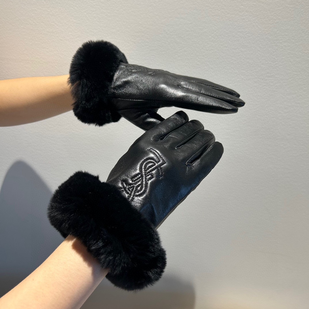 [TOP] Yves Saint Laurent YSL Gloves with Fur - Black