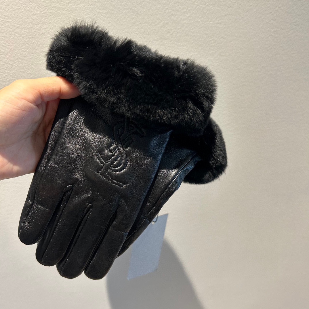 [TOP] Yves Saint Laurent YSL Gloves with Fur - Black