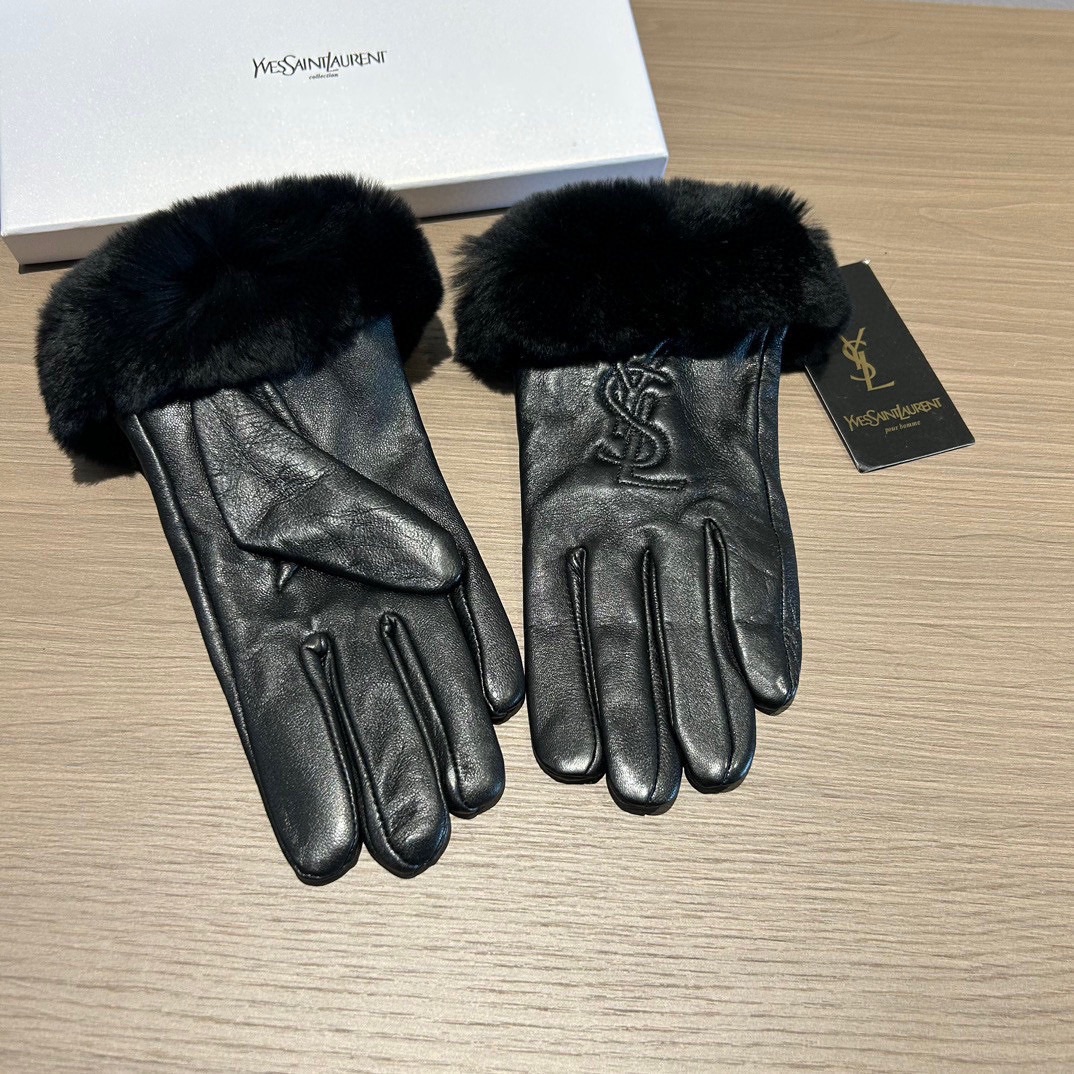 [TOP] Yves Saint Laurent YSL Gloves with Fur - Black