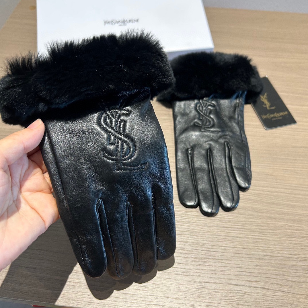 [TOP] Yves Saint Laurent YSL Gloves with Fur - Black