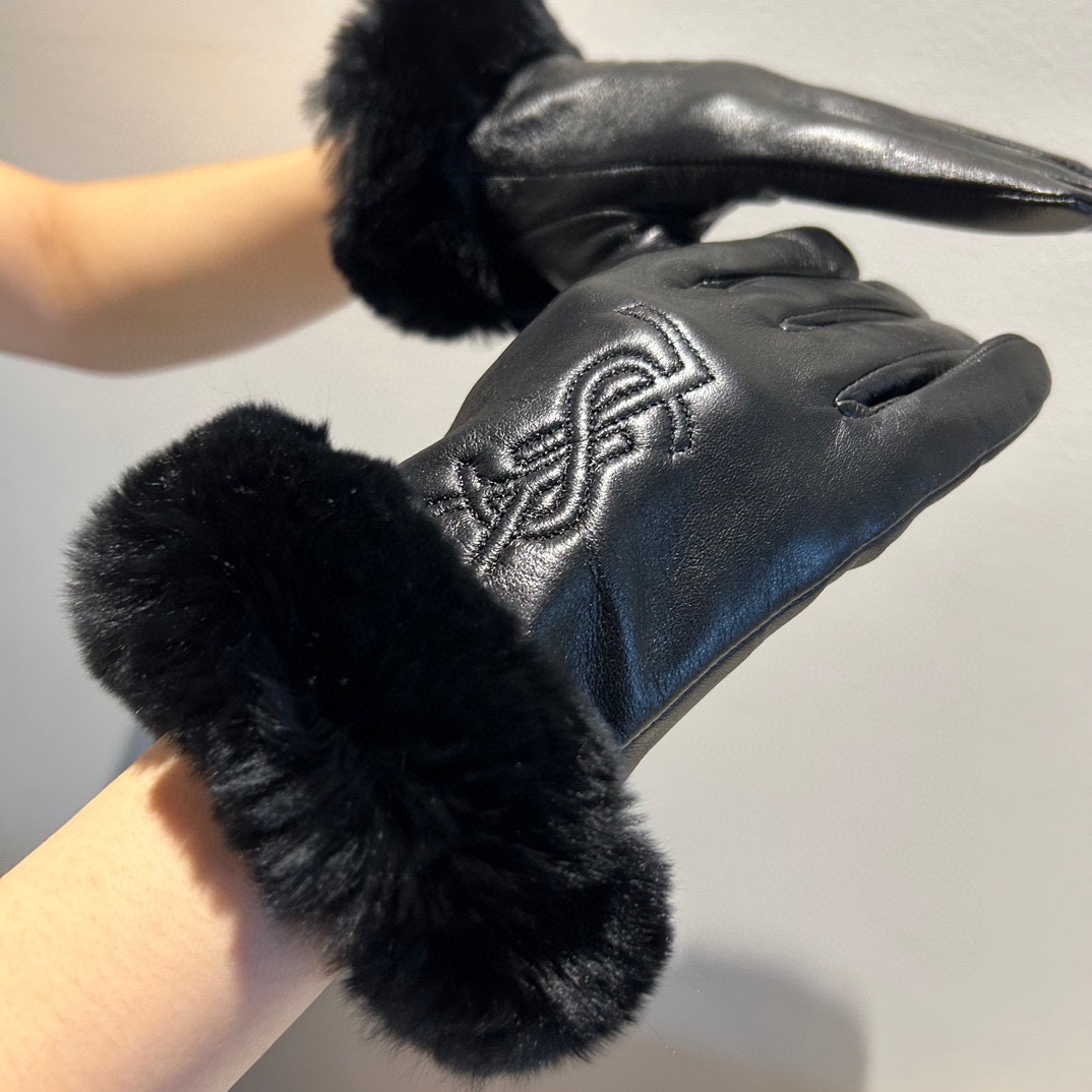 [TOP] Yves Saint Laurent YSL Gloves with Fur - Black