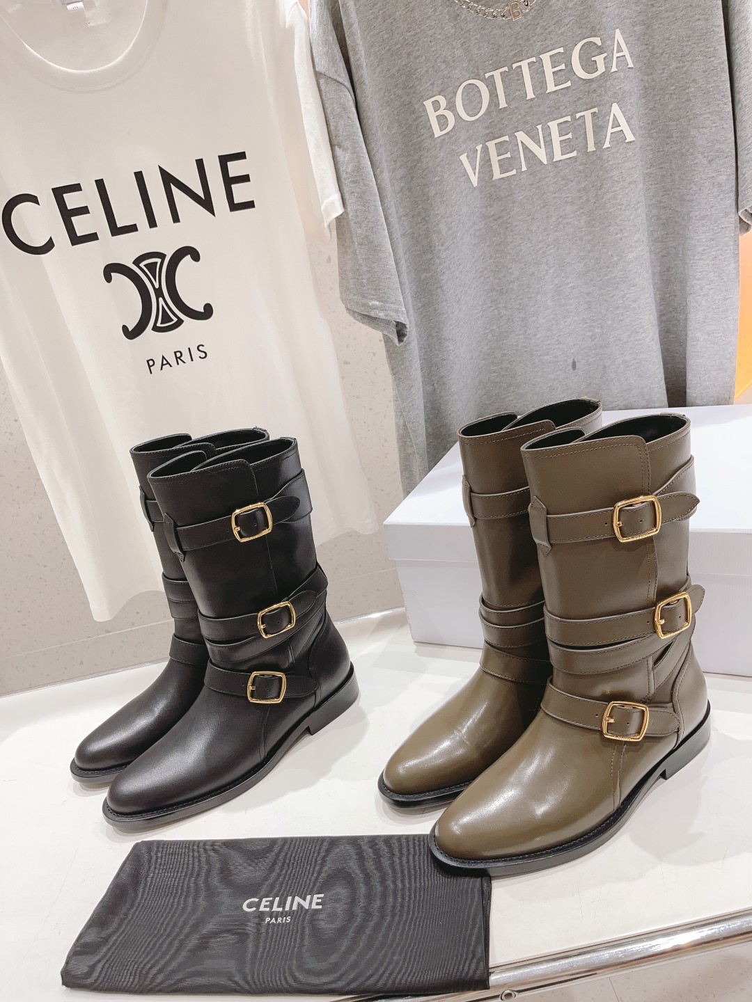 [TOP] CELINE Vintage Mid - Barrel Martin Boots Knight Boots - 2 Colors - Three - Breasted Square Buckle