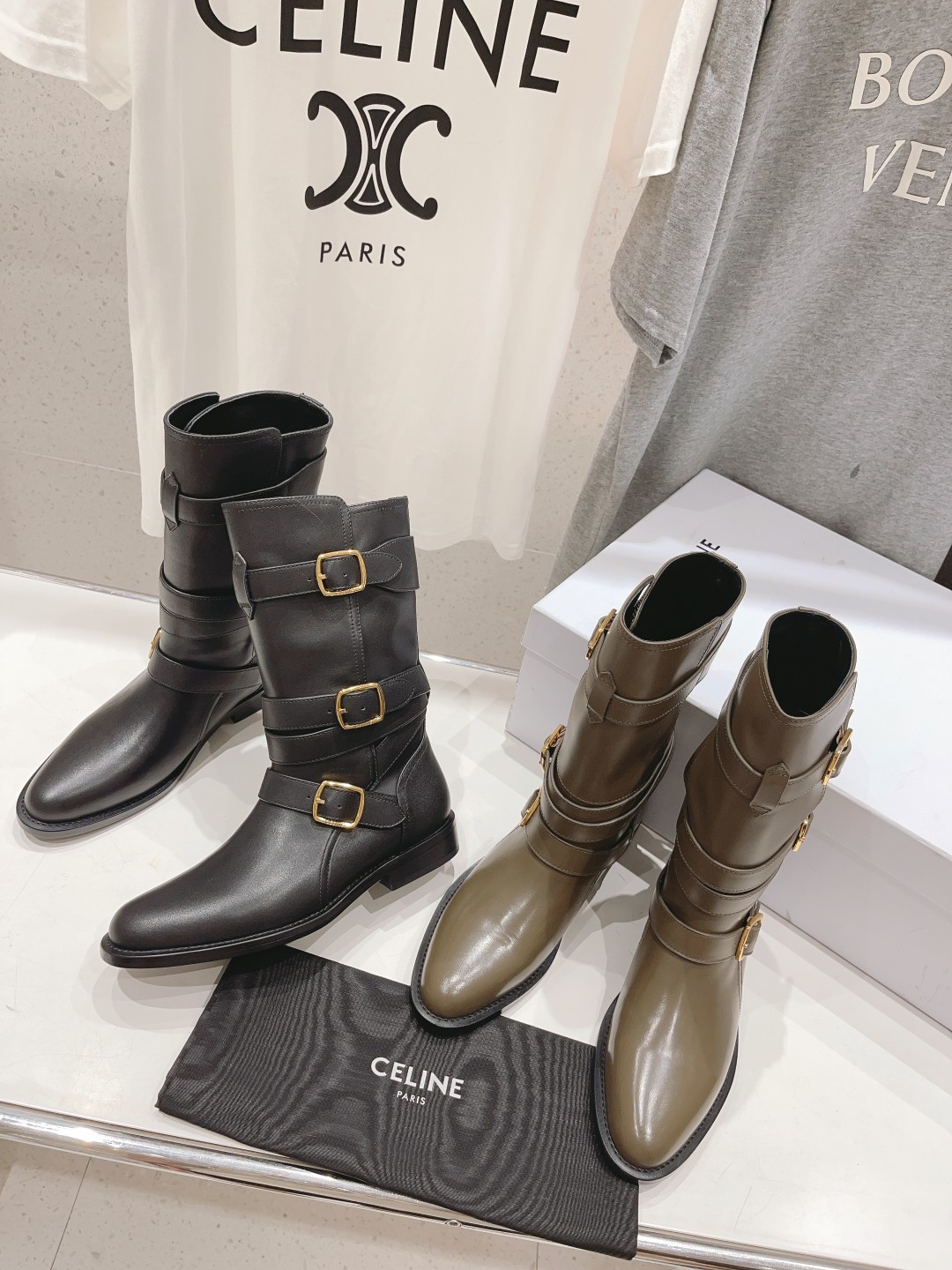 [TOP] CELINE Vintage Mid - Barrel Martin Boots Knight Boots - 2 Colors - Three - Breasted Square Buckle