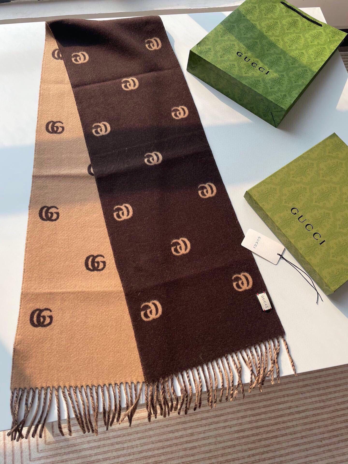 [TOP] GUCCI GG Cashmere Scarf 35 x 180 cm - Brown and Beige