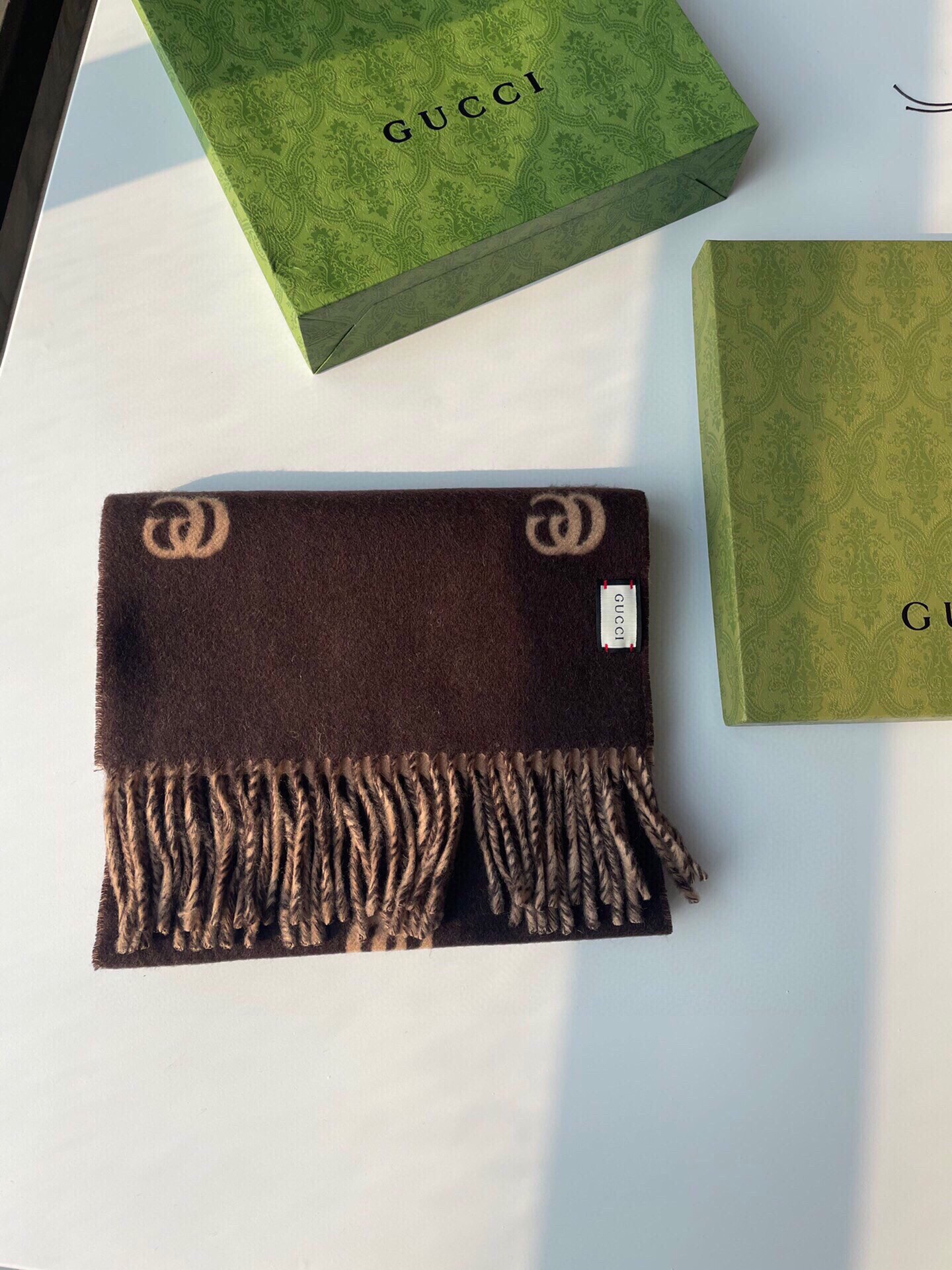 [TOP] GUCCI GG Cashmere Scarf 35 x 180 cm - Brown and Beige
