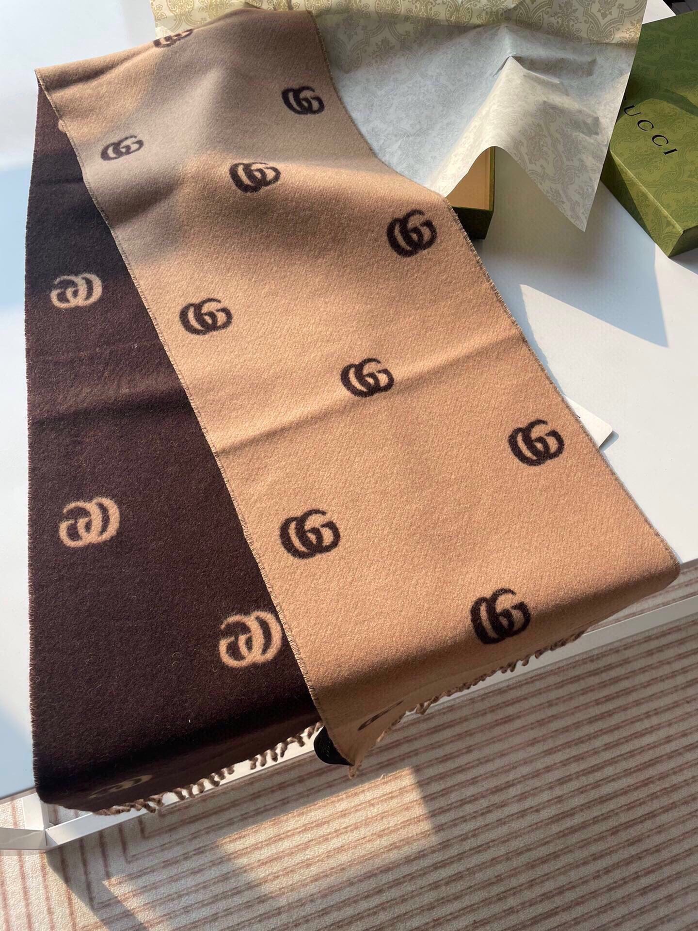 [TOP] GUCCI GG Cashmere Scarf 35 x 180 cm - Brown and Beige