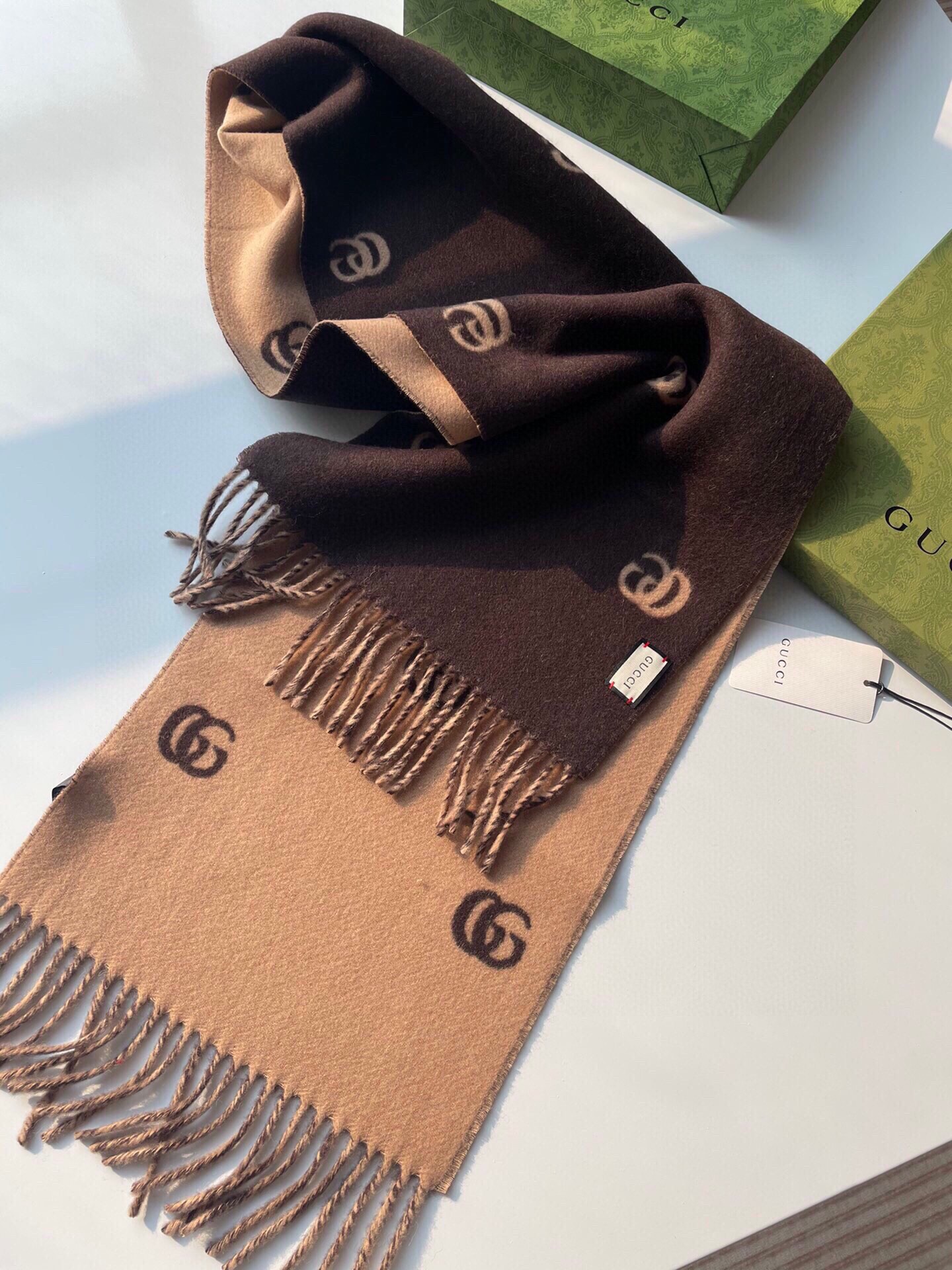 [TOP] GUCCI GG Cashmere Scarf 35 x 180 cm - Brown and Beige