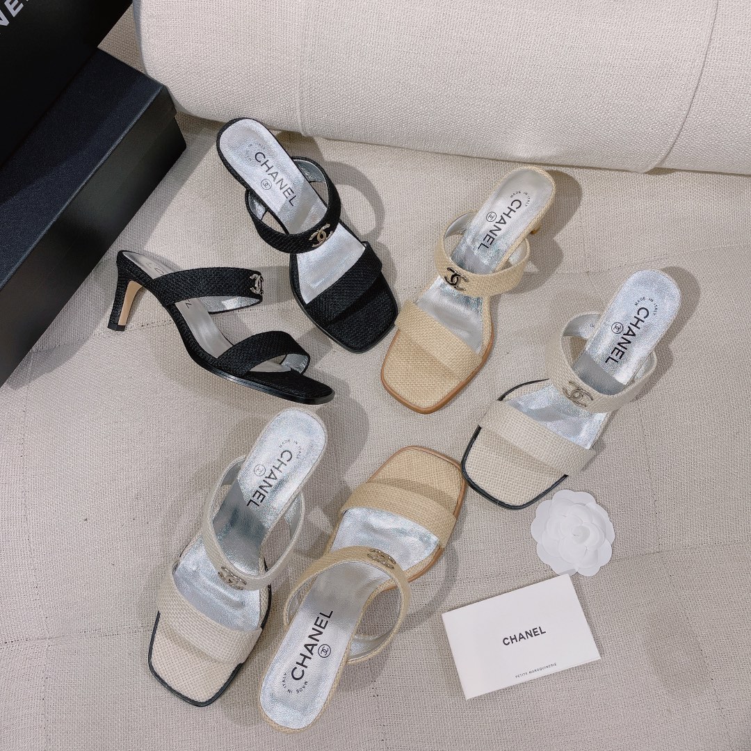 [TOP] CHANEL Mian Cotton High - Heeled Sand Slippers - 7cm - 3 Colors