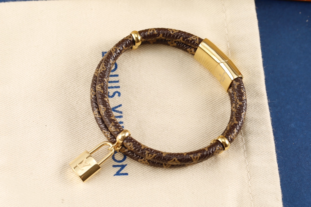 [TOP] Louis Vuitton LV Classic Monogram Leather with Logo Thin Double Circle Bracelet - Brown