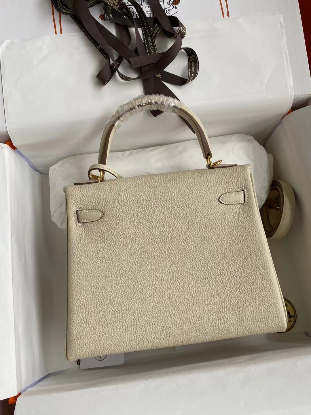 [TOP] HERMES Kelly Togo Leather 25cm - Light Beige & GHW