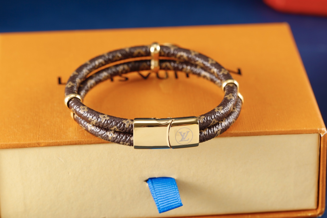 [TOP] Louis Vuitton LV Classic Monogram Leather with Logo Thin Double Circle Bracelet - Brown