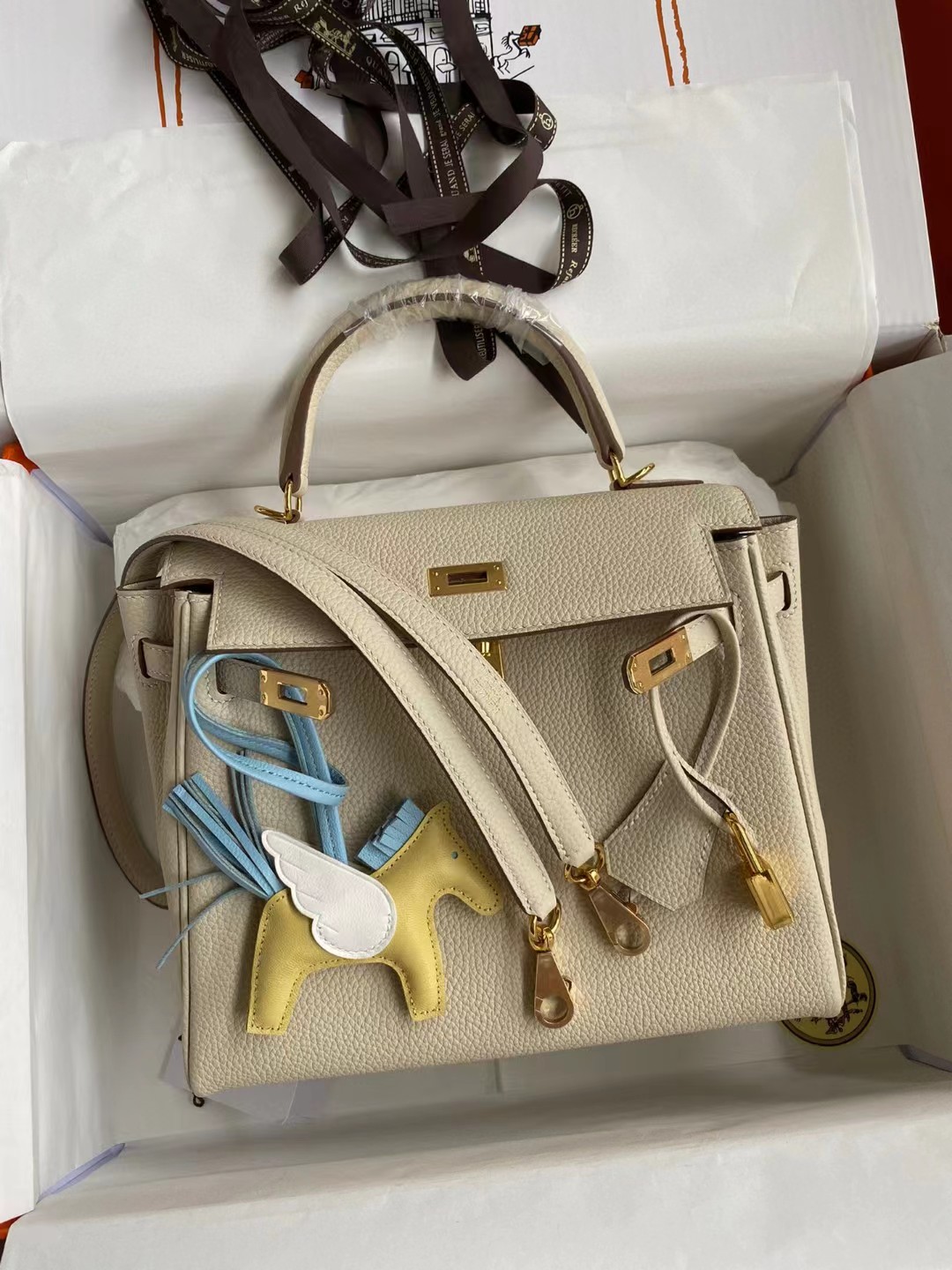 [TOP] HERMES Kelly Togo Leather 25cm - Light Beige & GHW