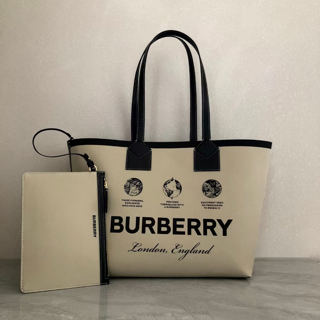 [TOP] BURBERRY B's Pure Original Double-Sided Light Beige Canvas + Black Letter Logo Tote