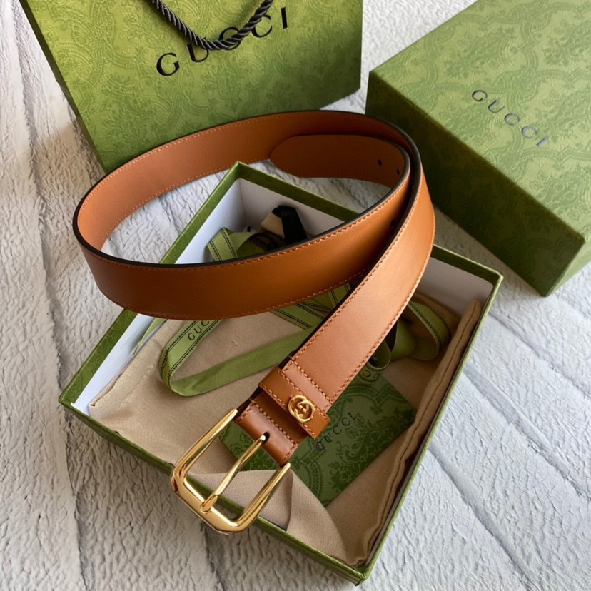 [TOP] GUCCI Adopting Double - Sided Imported Plain Belt - 3.5cm - Brown