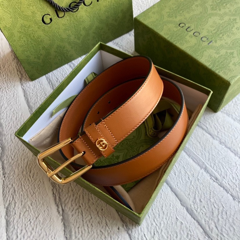 [TOP] GUCCI Adopting Double - Sided Imported Plain Belt - 3.5cm - Brown