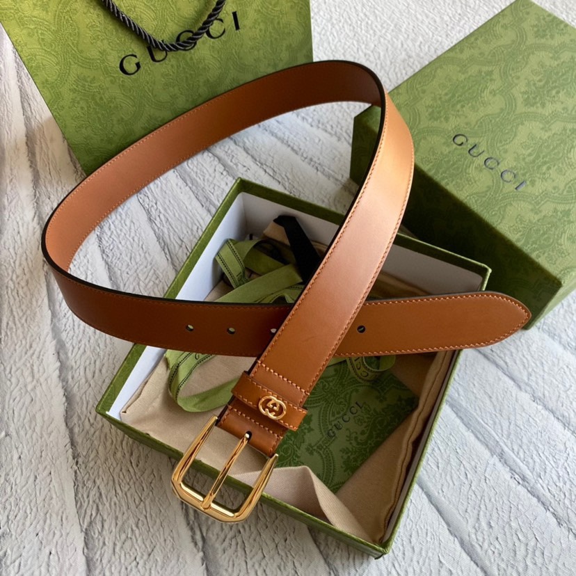 [TOP] GUCCI Adopting Double - Sided Imported Plain Belt - 3.5cm - Brown
