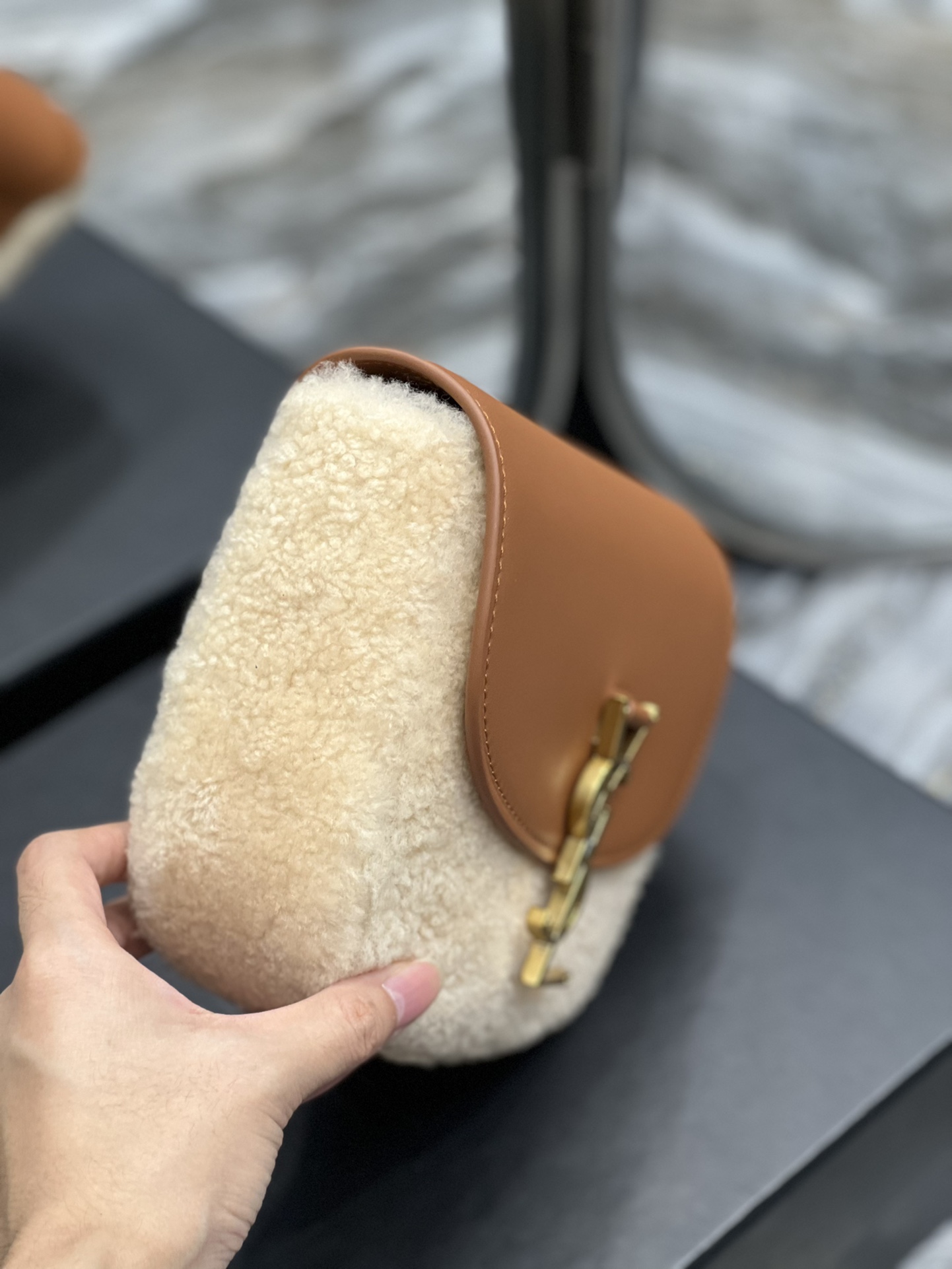 [TOP] Yves Saint Laurent YSL 𝐊𝐚𝐢𝐚 𝐒𝐦𝐚𝐥𝐥 Lamb Wool With Cowhide Bag