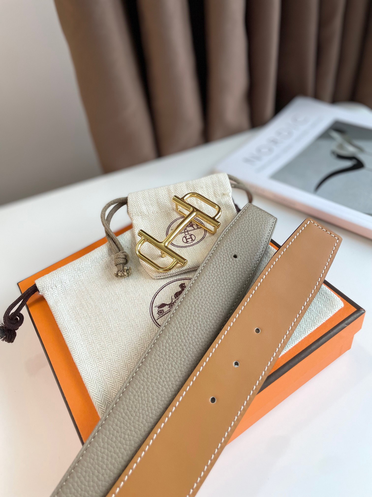 [TOP] HERMES Reversible Waist Belt - Brown