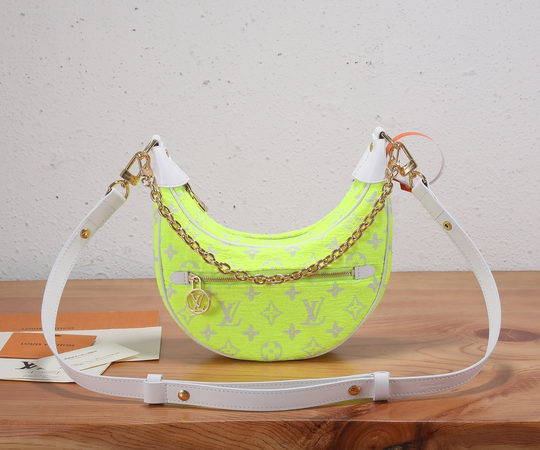 [TOP] Louis Vuitton LV Monogram Jacquard Flannel Loop Half-Moon Underarm Bag 23 x 13 x 6 cm-Yellow