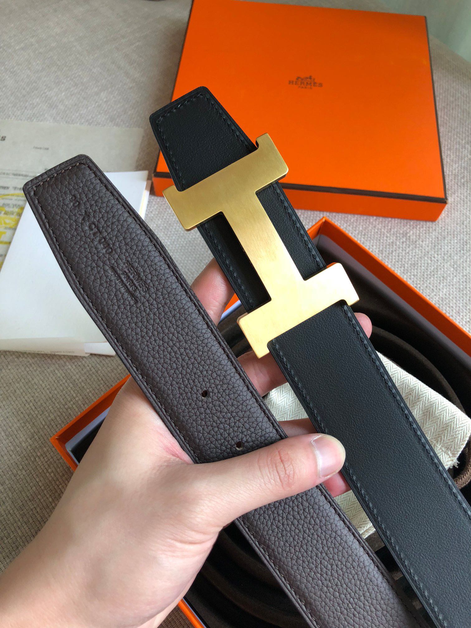 [TOP] HERMES Litchi Textured Double-Sided Belt - 3.8CM