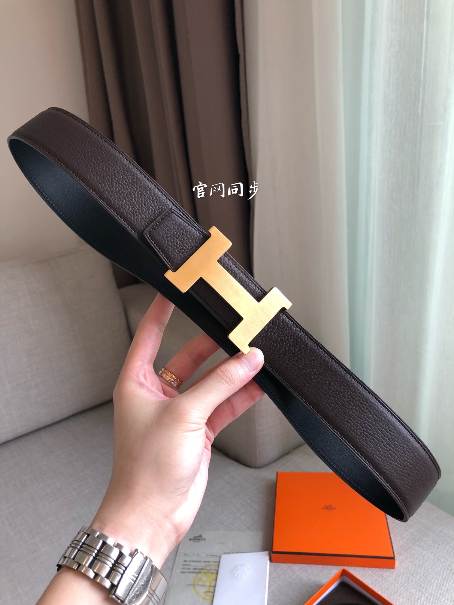 [TOP] HERMES Litchi Textured Double-Sided Belt - 3.8CM