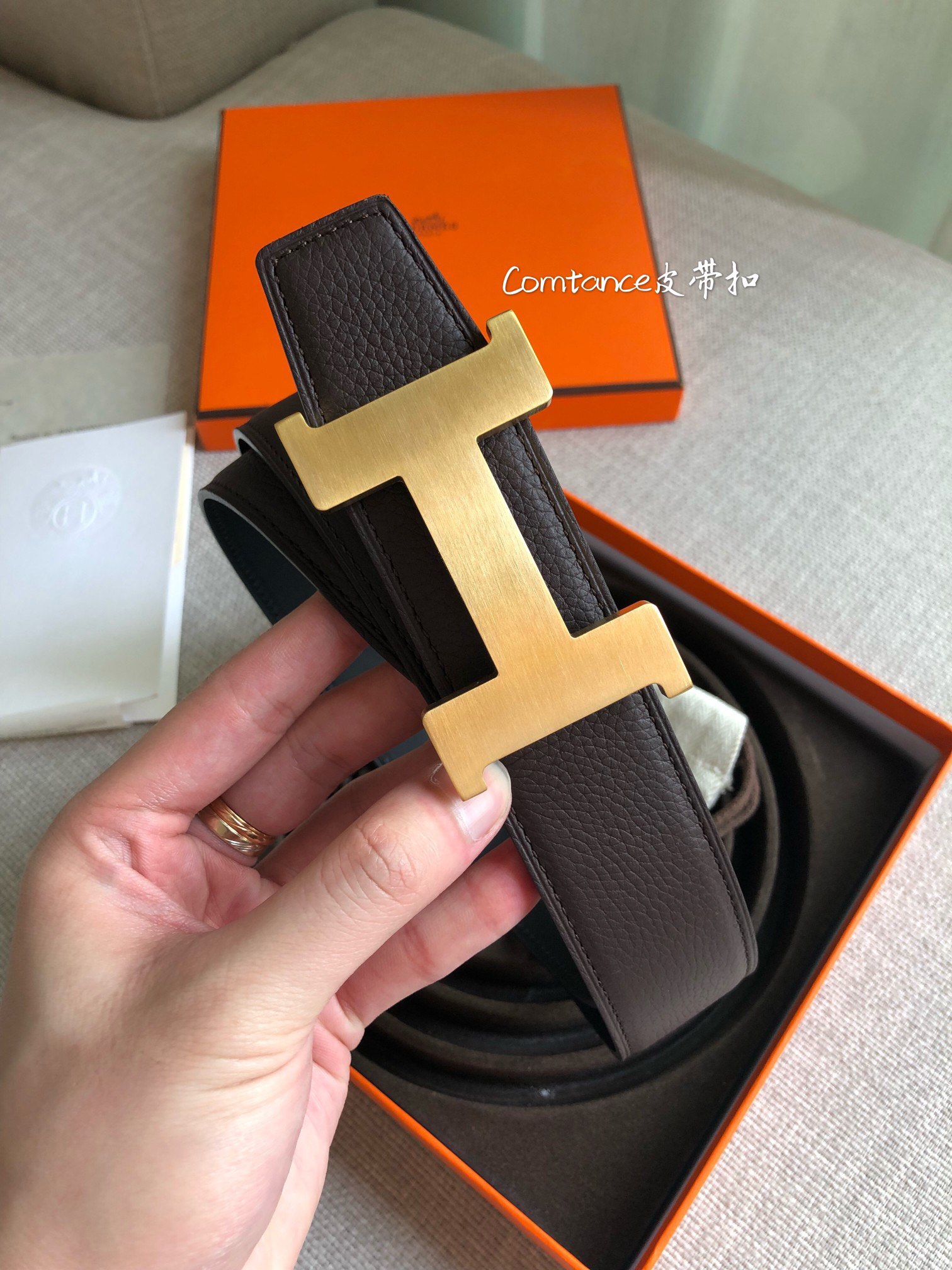 [TOP] HERMES Litchi Textured Double-Sided Belt - 3.8CM