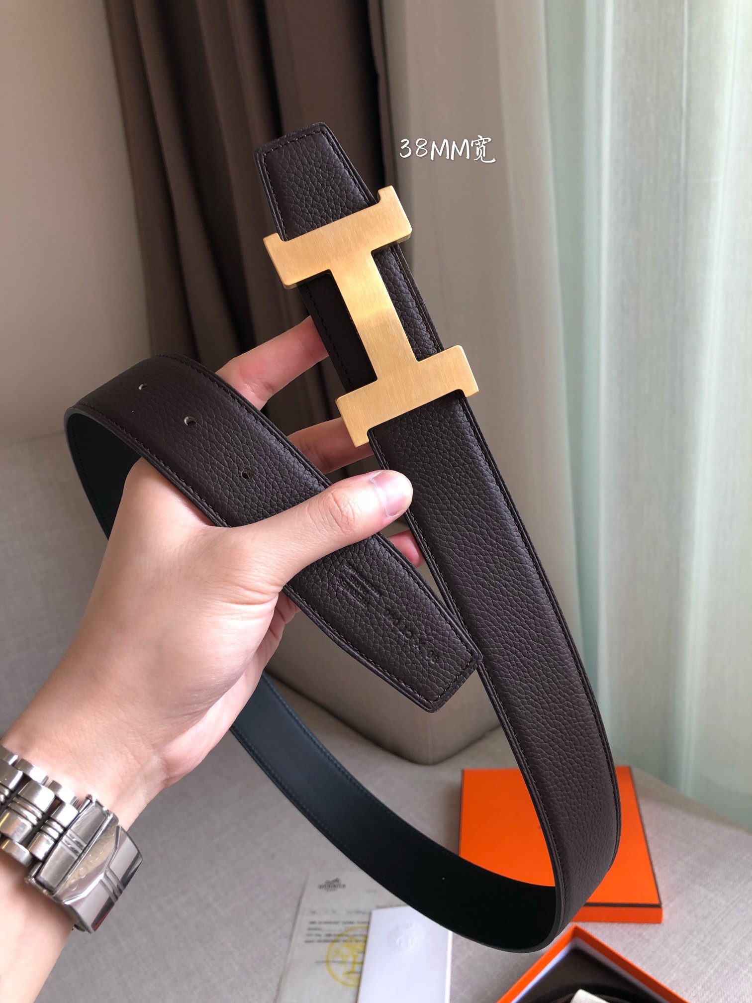 [TOP] HERMES Litchi Textured Double-Sided Belt - 3.8CM