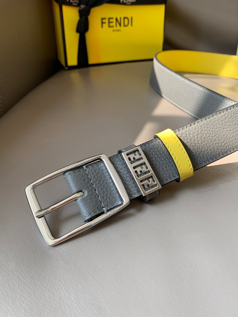 [TOP] FENDI Men's Belt - Grey - 3.5CM