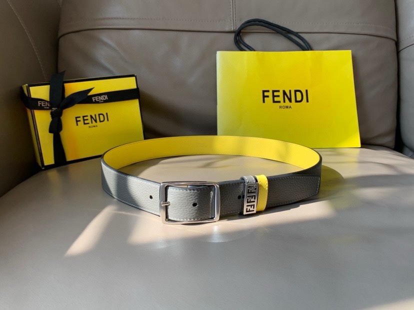 [TOP] FENDI Men's Belt - Grey - 3.5CM