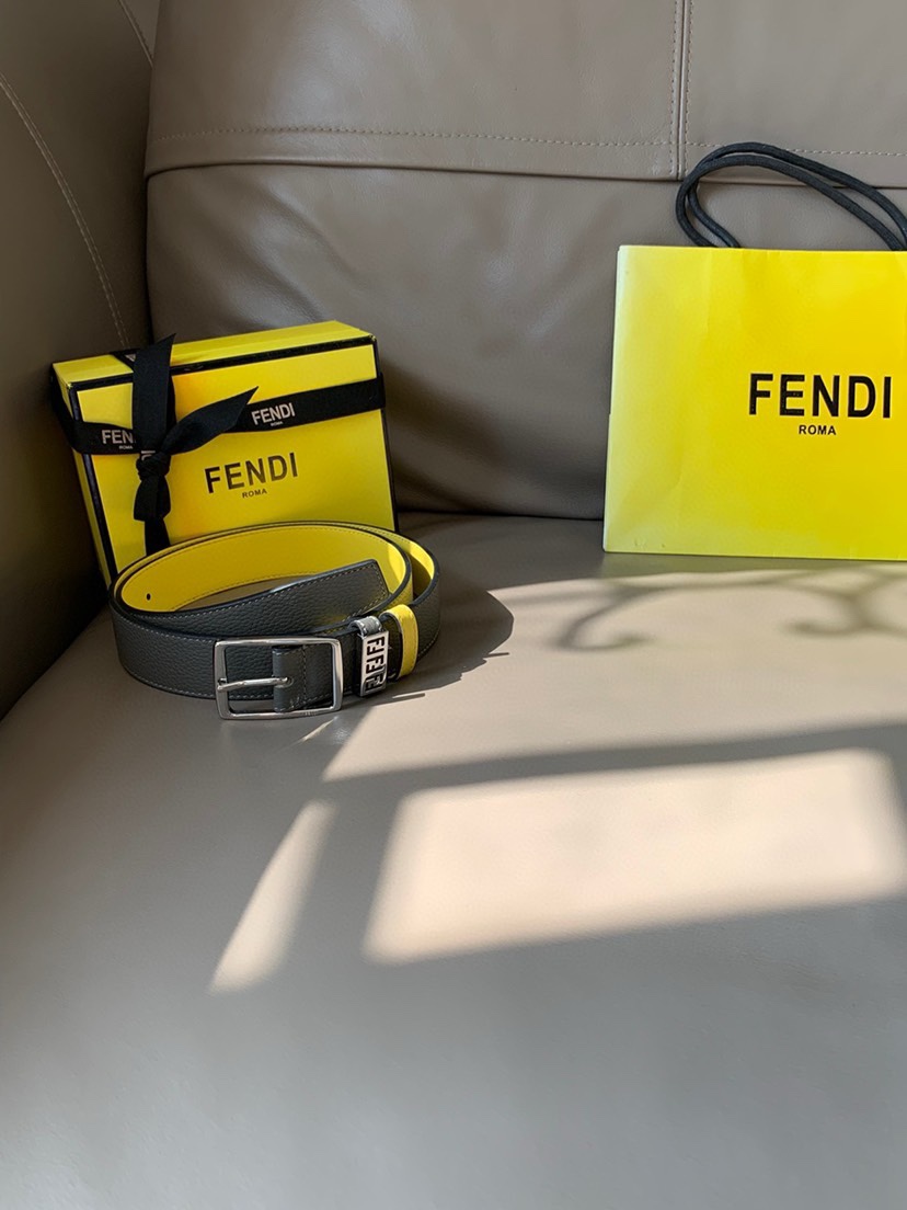 [TOP] FENDI Men's Belt - Grey - 3.5CM