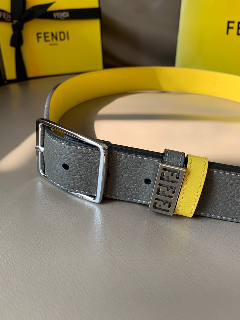[TOP] FENDI Men's Belt - Grey - 3.5CM
