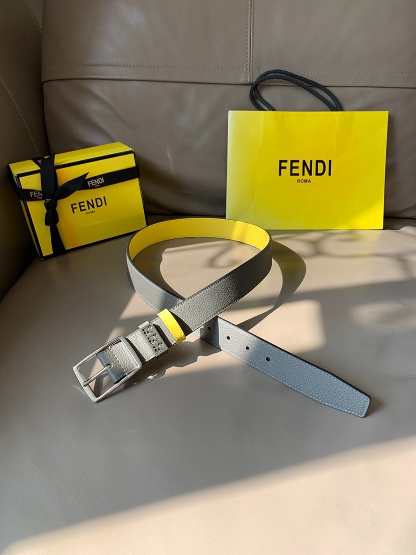 [TOP] FENDI Men's Belt - Grey - 3.5CM