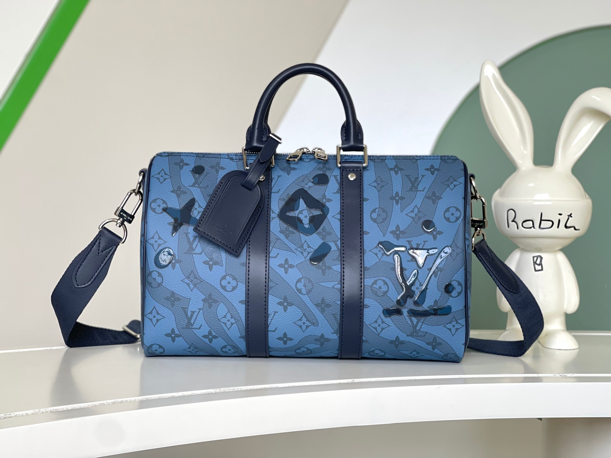 [TOP] Louis Vuitton LV  Keepall Bandoulière 35 Monogram Aquagarden Canvas Handbag 34x21x16cm-Blue