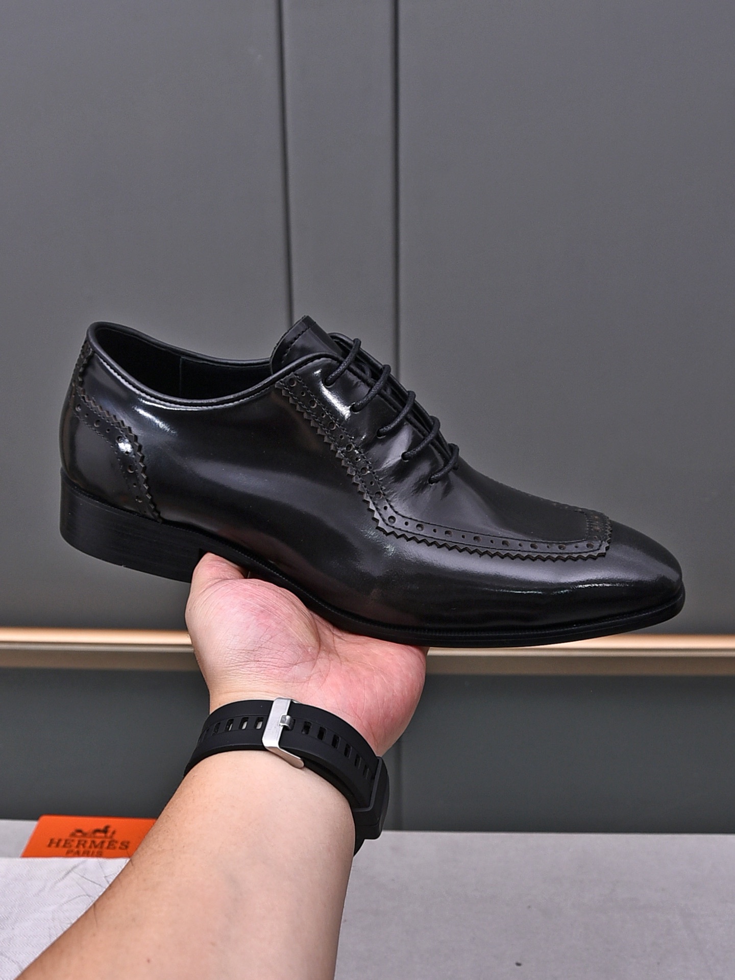 [TOP] HERMES Formal Cowhide Leather Shoes - Black