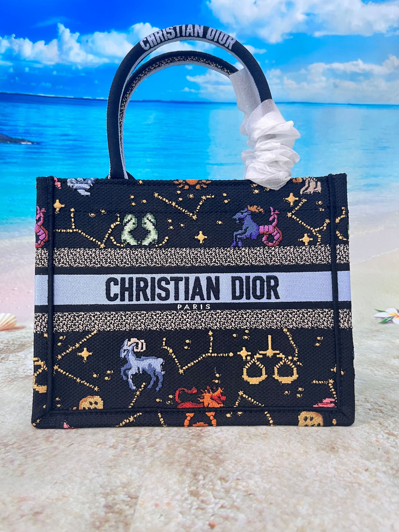 [TOP] Christian Dior Multi color Dior Pixel Zodiac Pattern Embroidery Book Tote Handbag 26.5X21X14 CM