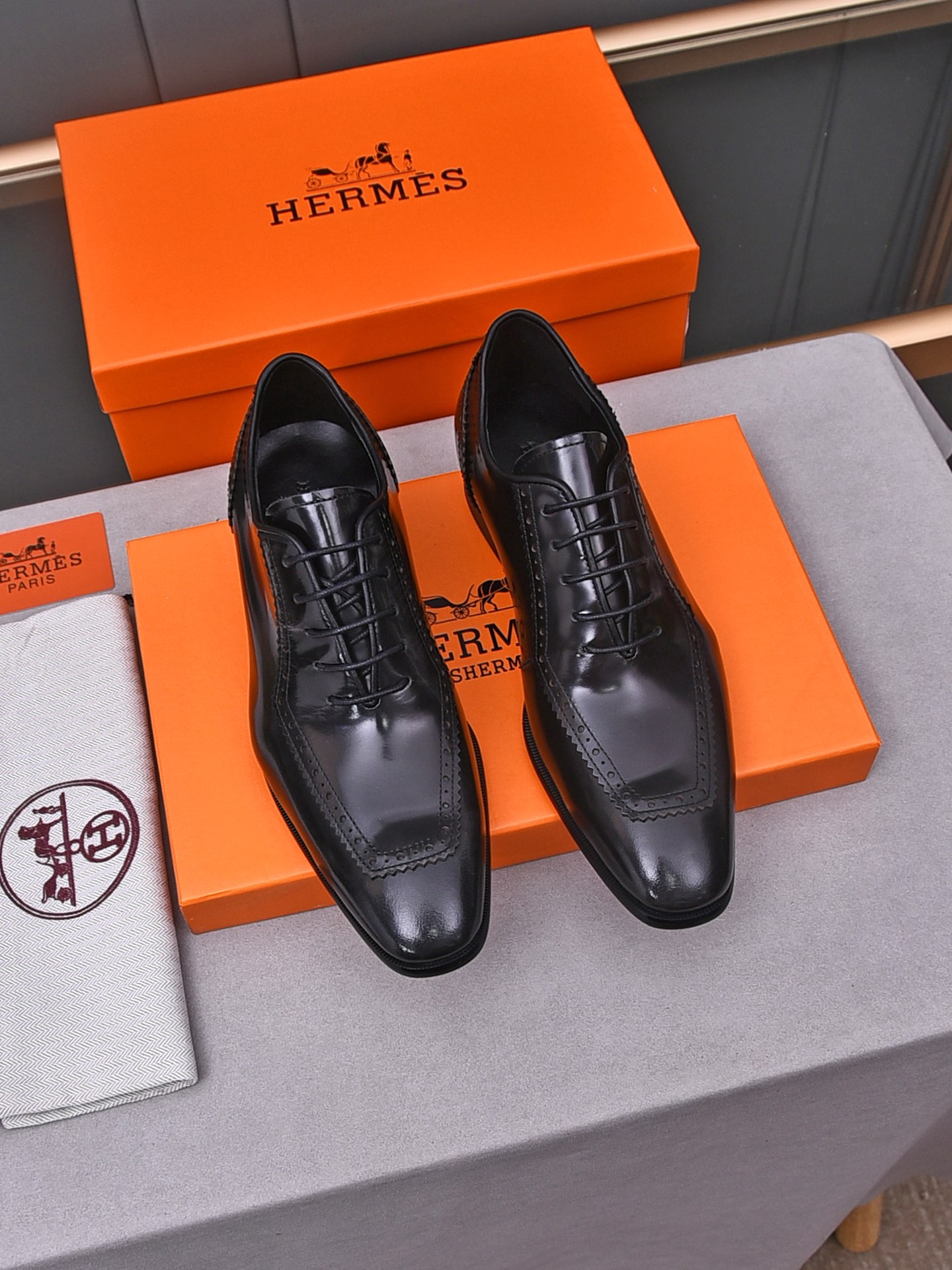[TOP] HERMES Formal Cowhide Leather Shoes - Black