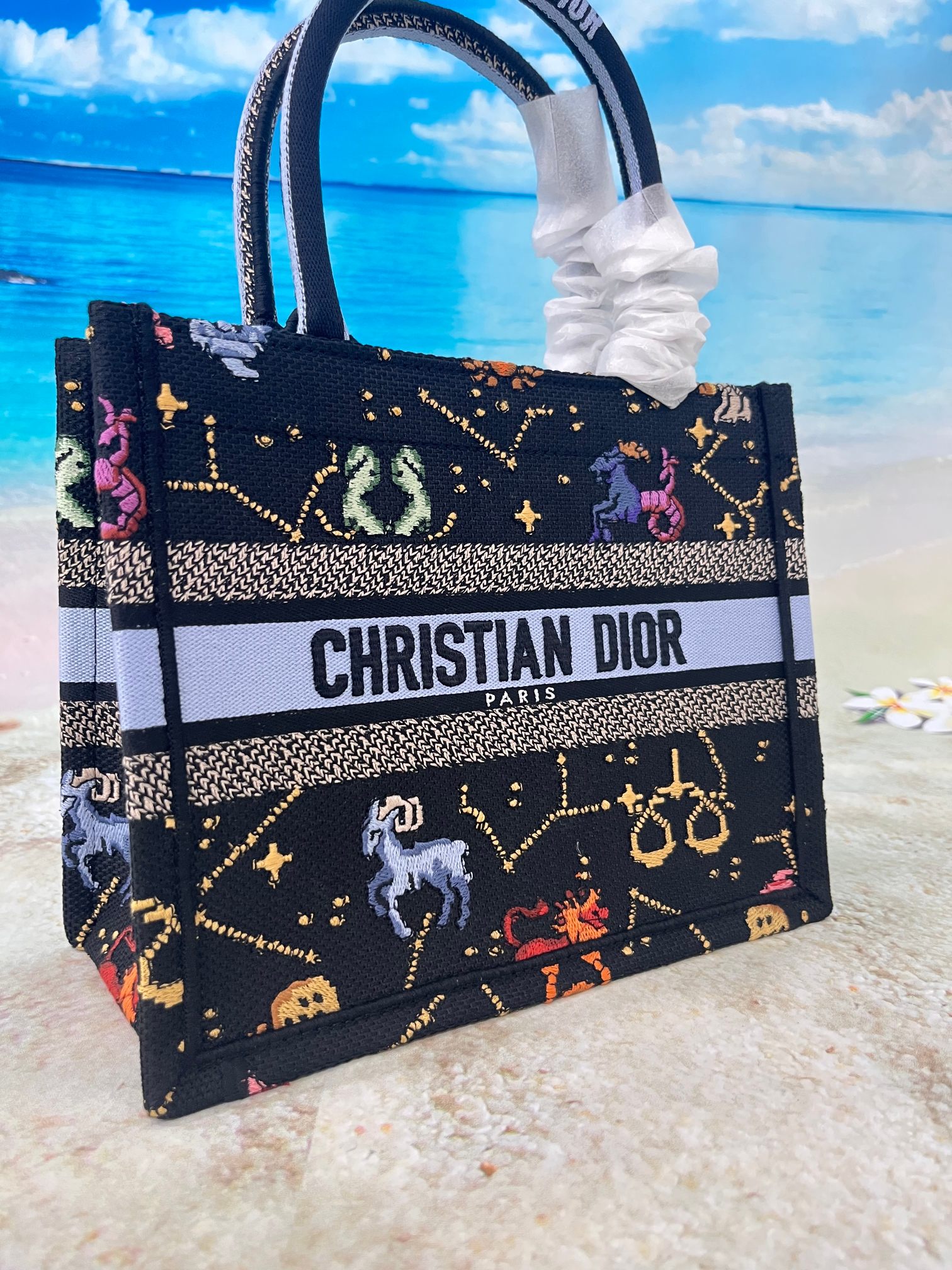 [TOP] Christian Dior Multi color Dior Pixel Zodiac Pattern Embroidery Book Tote Handbag 26.5X21X14 CM