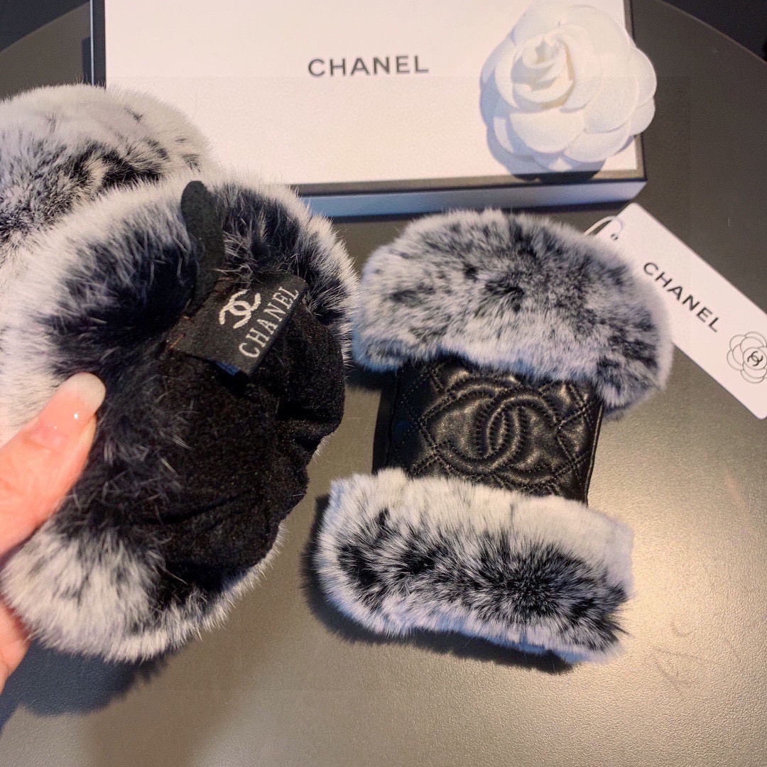 [TOP] CHANEL   Autumn And Winter Lazy Rabbit Fur Ribbed Sheepskin Gloves