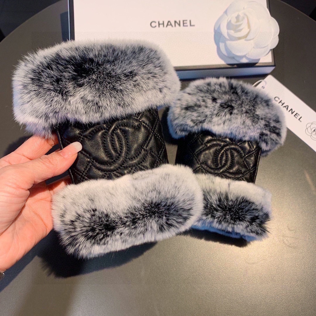 [TOP] CHANEL   Autumn And Winter Lazy Rabbit Fur Ribbed Sheepskin Gloves