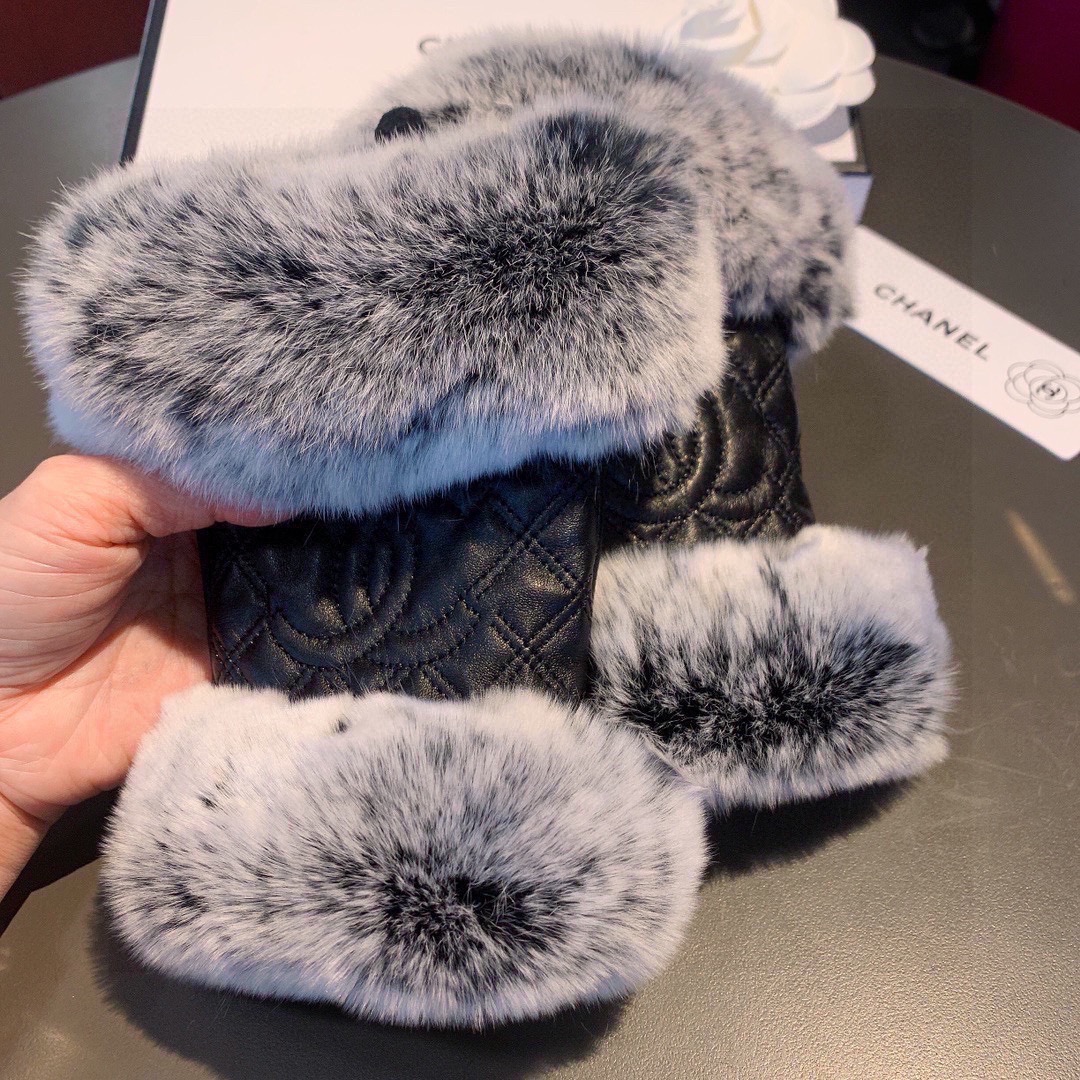 [TOP] CHANEL   Autumn And Winter Lazy Rabbit Fur Ribbed Sheepskin Gloves
