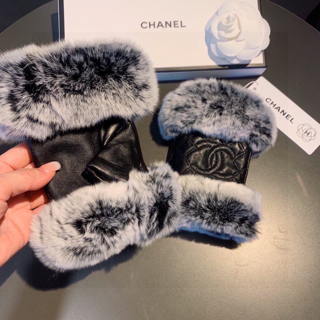 [TOP] CHANEL   Autumn And Winter Lazy Rabbit Fur Ribbed Sheepskin Gloves