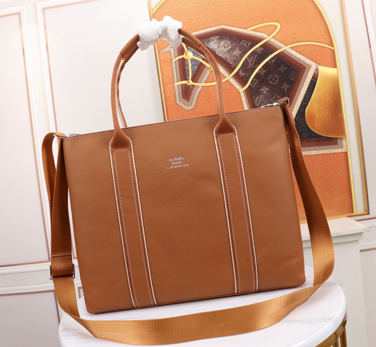 [TOP] Hermès Leather Briefcase Men's Bag - Khaki