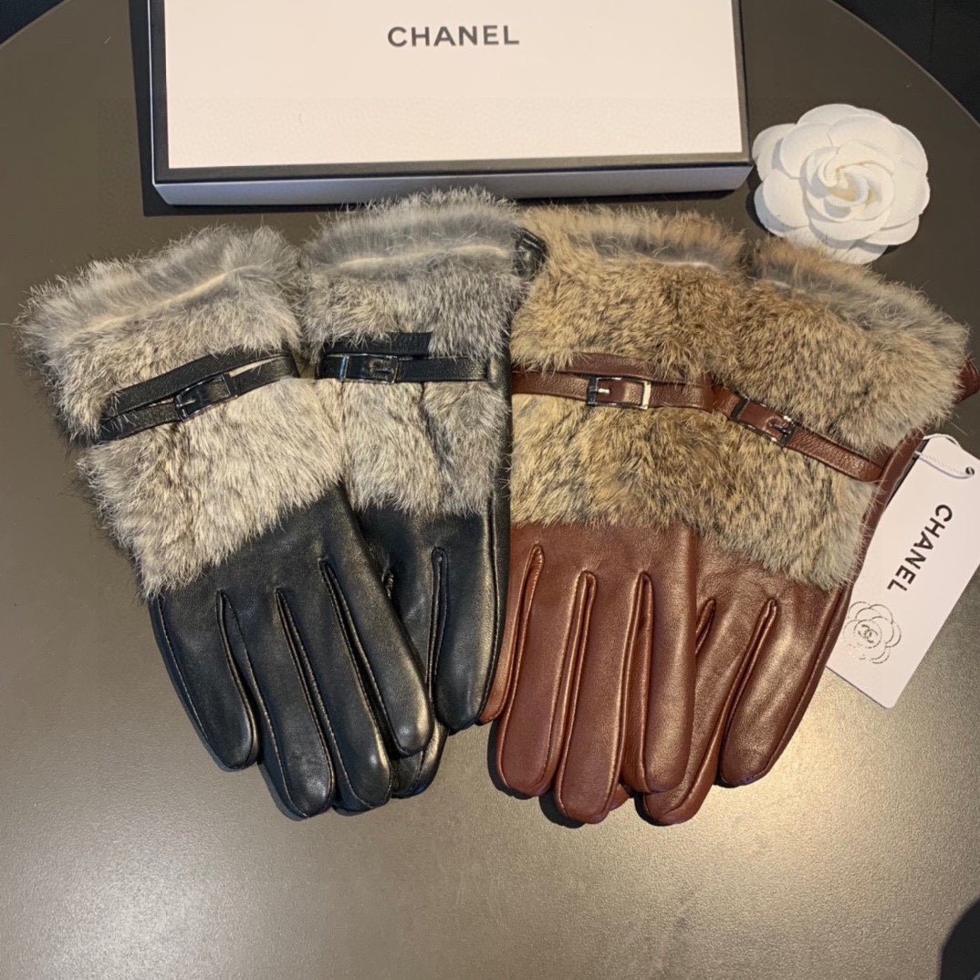 [TOP] CHANEL  Autumn and Winter Lazy Rabbit Hair Sheepskin Gloves - 2 Colors