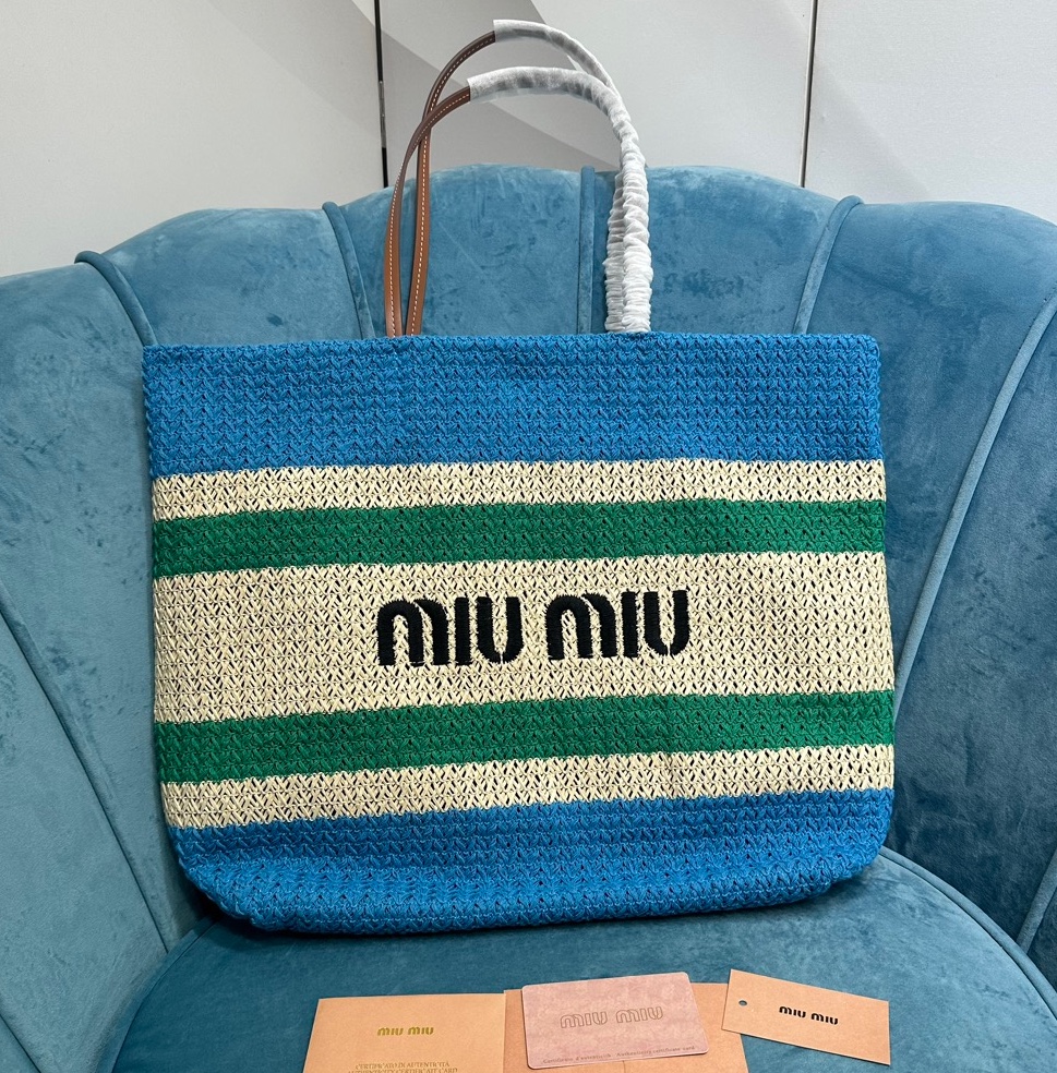 [TOP] Miu Miu Raffia Straw Ppatchwork Tote Bag 40 x 34 x 16 cm - 2 Color