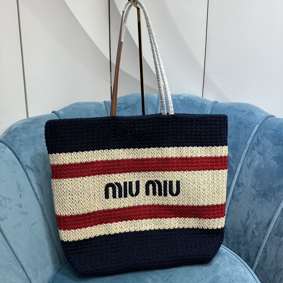 [TOP] Miu Miu Raffia Straw Ppatchwork Tote Bag 40 x 34 x 16 cm - 2 Color